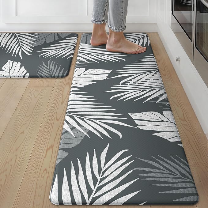 GENIMO Anti Fatigue Kitchen Mats for Floor 2PCS, Cushioned Standing Mats | 17.3"x59"&17.3"x30", Light Grey vintage floral rug set, waterproof, non slip, easy-clean for farmhouse