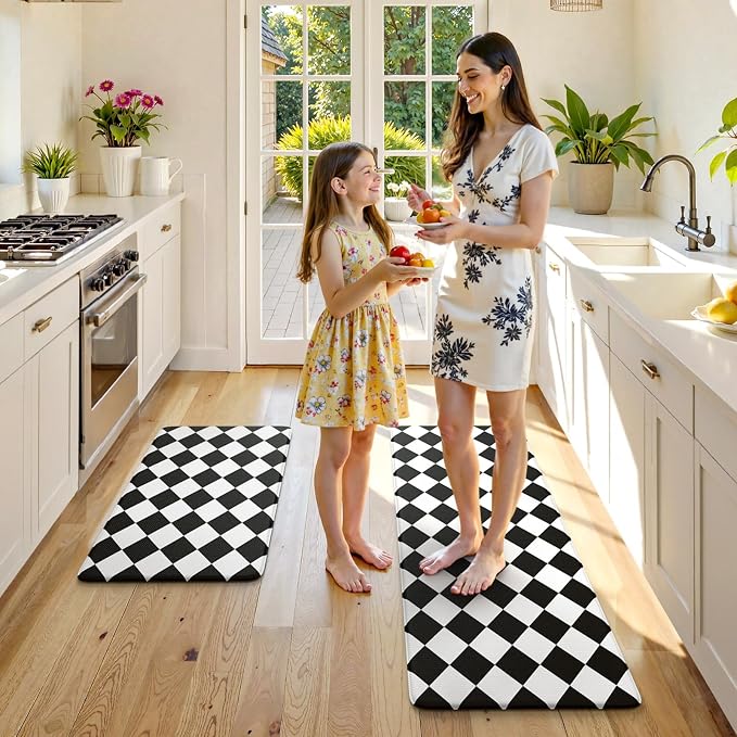 KIMODE Anti Fatigue Kitchen Mats for Floor,Farmhouse Rugs for Kitchen Floor | Black and White Diamond Kitchen Floor Mat Non Slip, Cushioned Standing Mat for Laundry Office Sink Desk Dorm 17"x47"+17"x29"
