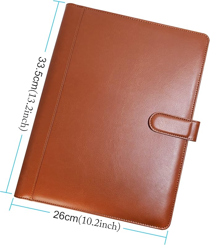 Leather Portfolio Binder (3 Rings) - Brown Padfolio With Letter Size Writing Pad, 10 File Sleeves, Card and Pen Holder - A4 Notebook Organizer for Interview, Resume, Conference