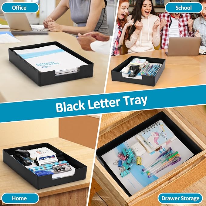 Letter Tray, Desk Organizer Tray, A4 Plastic Paper Tray Organizer for Desk, Stackable Rectangular Inbox Mail File Holder, Drawer Organizer for Desk Accessories Office School Home Supplies (Black)