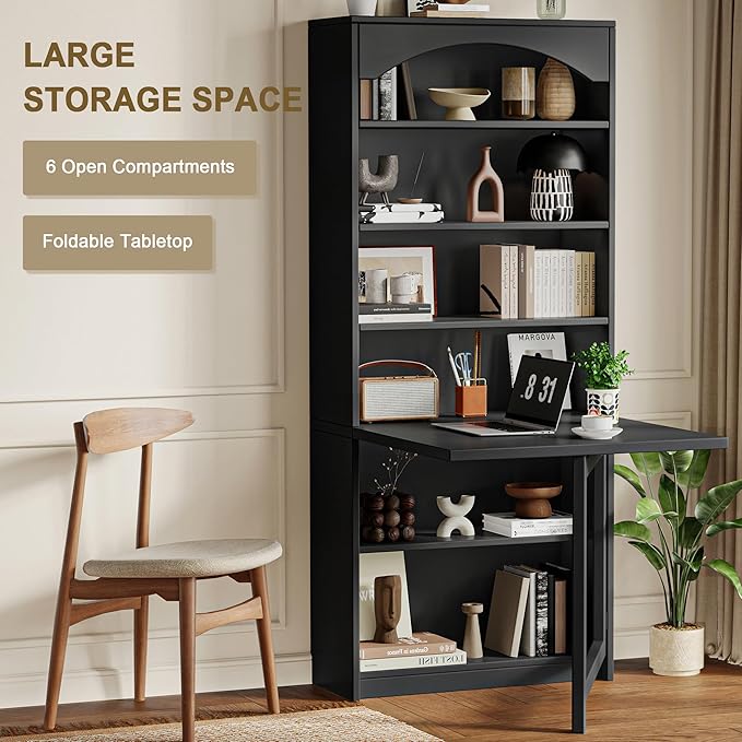 Folding Desk with Storage, Space-Saving Foldable Convertible Writing Table, Wall Mount Fold Out Computer Desk for Home Office, Craft Room, Living Room, Bedroom, Black