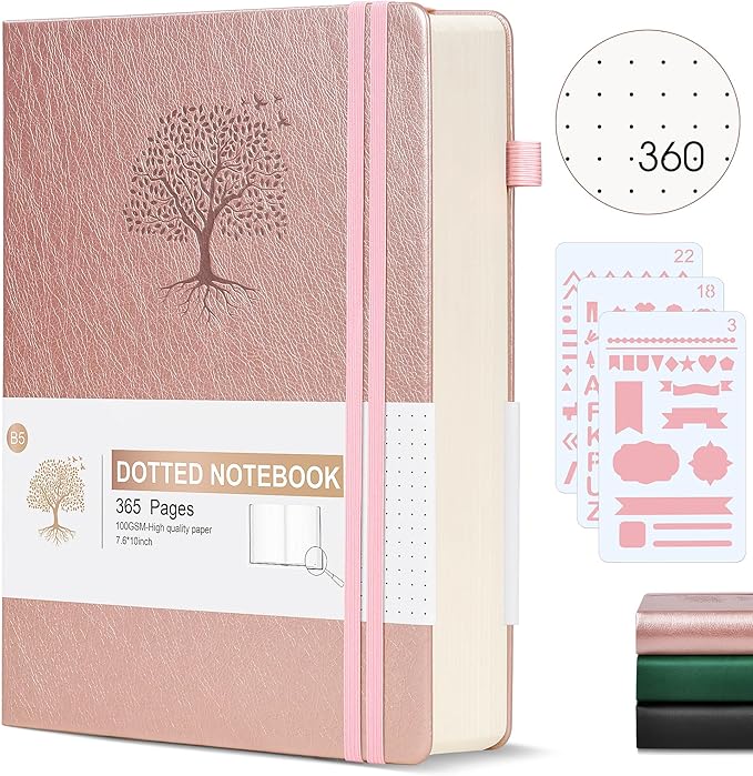 Dotted Journal Notebook, 360 Numbered Pages Bullet Dot Grid Journals, 100gsm Dot Paper Thick Hardcover Leather Journal for Writing Women Men, B5 Big Dotted Grid Notebooks 7.6'' X 10'' Pink