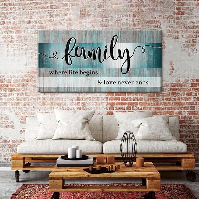 AIYISU Teal Family Wall Art Family Signs for Home Decor Wall Inspirational Quotes Picture Farmhouse Kitchen Dining Room Decor Turquoise Family Canvas Painting Bedroom Living Room Decoration 30x60