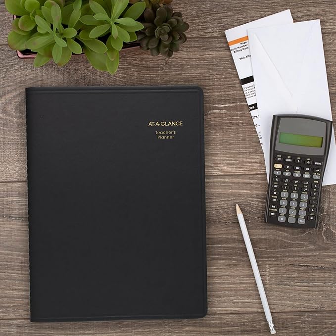 at-A-Glance Teacher Planner, 8-1/4" x 10-7/8", Undated Weekly & Daily Planner, Academic Lesson Plan Book for Family Homeschool Supplies, Agenda with Twin-Wire Binding, Black Leather (8015505)
