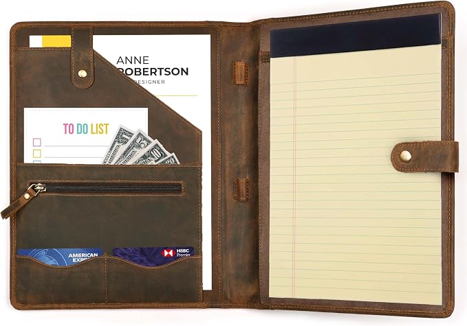 Genuine Leather Portfolio – Brown Professional Organizer & Resume Folder, Antique Leather Business Document Padfolio with Writing Pad, Ideal Gift for Men & Women