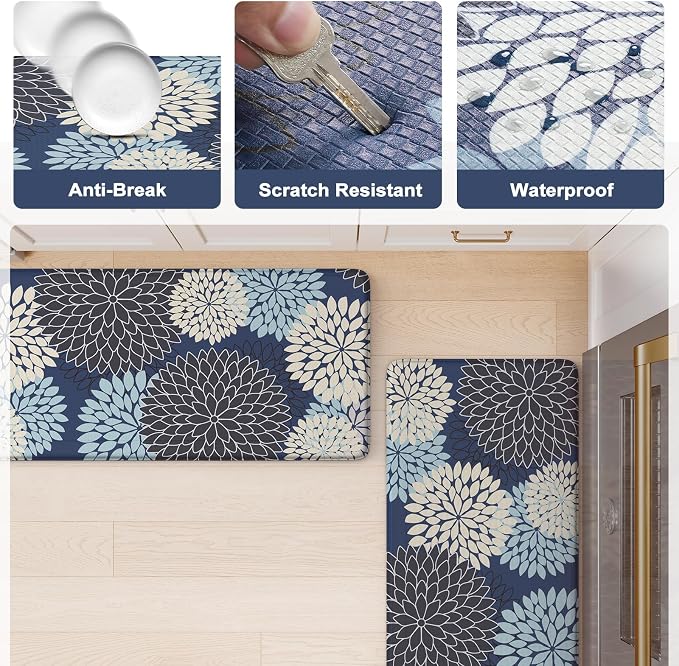 KIMODE Anti Fatigue Kitchen Mats 2PCS Kitchen Mat for Floor Cushioned | Dahlia Boho, Kitchen Rugs Non Slip Rubber Backing Farmhouse Waterproof Standing Mat for Kitchen Sink Desk Mutil-Blue