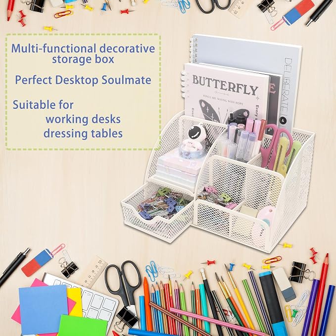 Boutilon Mesh Desk Organizer Desktop Office Supplies Stationary Organizer with 6 Compartments and 1 Drawer Multi-Functional Caddy Pen Holder for Home Office School Desk Decor(White)
