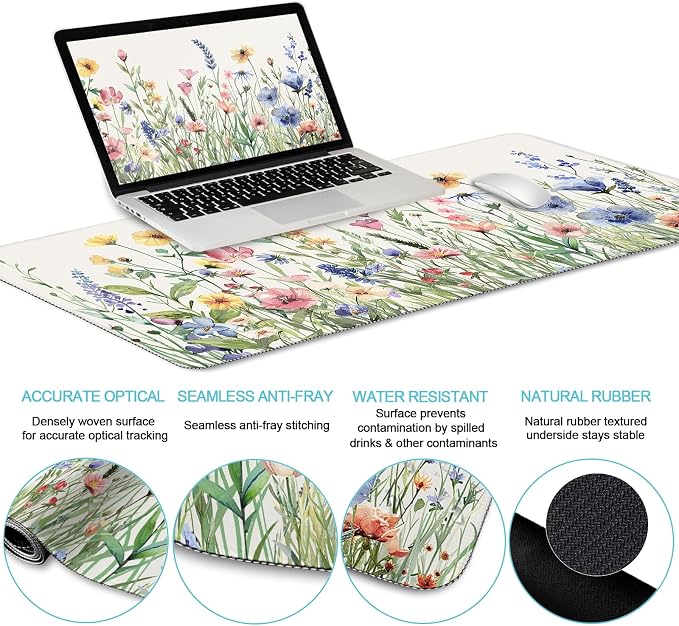 LIMKRIAN Flower Mouse Pad Set Large Desk Matt for Desktop, Ergonomic Mouse Pad with Wrist Rest, Gaming Wrist Support Keyboard Mat Cup Coaster Set Cute Office Desk Decor Accessories