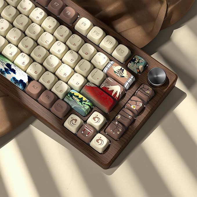 Womier Japanese Keycaps Set 130 Keys MOA Profile for Mechanical Keyboards, Brown Beige Custom PBT Keycaps Set, Dye Sub Side Print, 60 65 75 100 Percent for US Layout Mechanical Keyboard (Fuji)