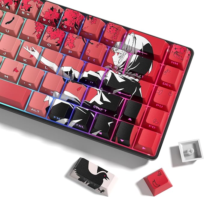 Rainy Japanese Anime Keycaps Shine Throgu Key Caps,Cherry Keycaps 129 Keys PBT Dye Sublimation Custom Keycaps Set for Mechanical Keyboard 61/64/75/84/87/104/108 Layout with Key Puller (Red)