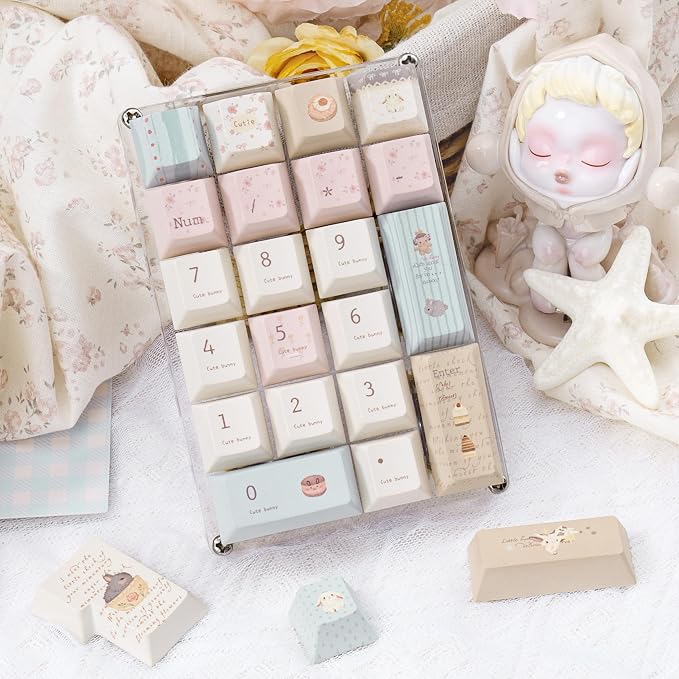 Pink Cute Rabbit Keycaps, PBT Custom Keyboard Caps, Cherry Profile Keycaps Set, Dye-Sublimation, 145 Keys for Mechanical Keyboard, Cute Key Caps Compatible with ANSI/ISO, 60% 75% 100%