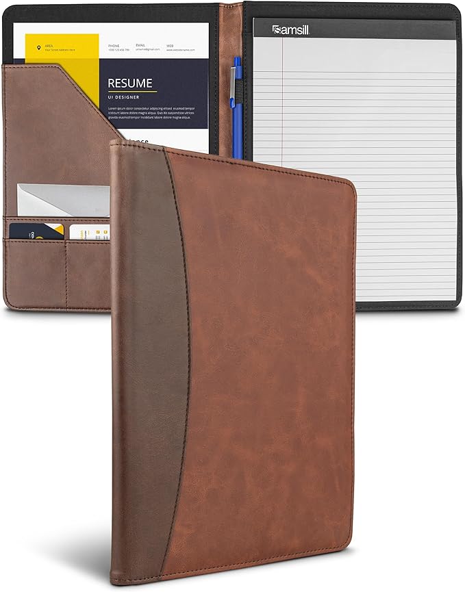 Samsill Two-Tone Padfolio Portfolio Folder, Professional Resume and Document Organizer with 8.5 x 11 Writing Pad, Business Card Pockets and Pen Holder, Faux Leather, Brown/Dark Brown