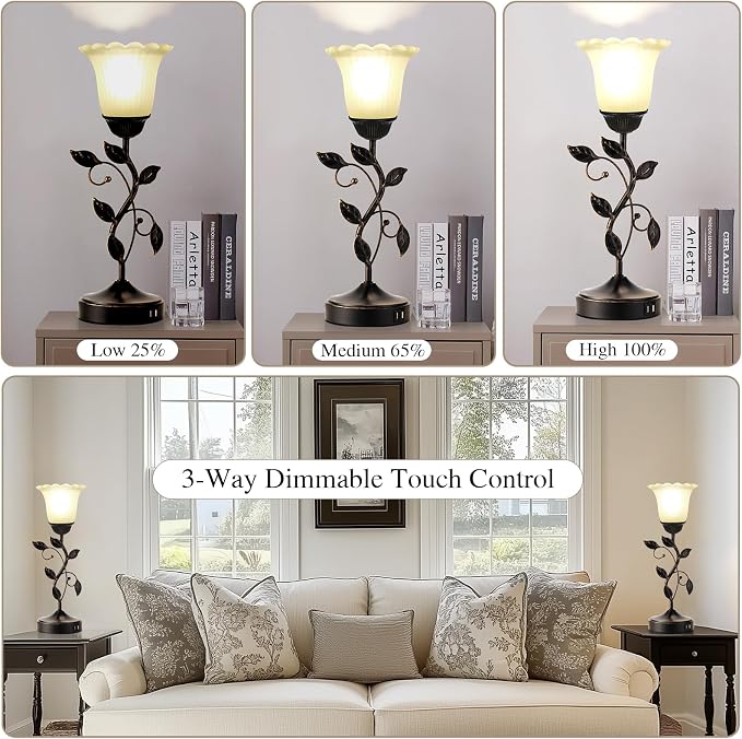 Set of 2 Touch Bedside Vintage Lamps with 2 USB C+A | 3-Way Dimmable Flower Lamps, White Glass Shade Rustic Leaf Lamp for Bedroom Side Table, LED Bulb Included
