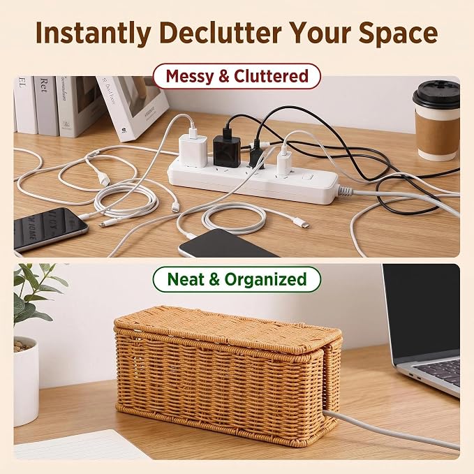 Cable Management Box, Handwoven Faux Rattan Cord Basket with Lid, Decorative Wiker Cord Hider Organizer with 2 Side Slots for Power Strip, Small Router, USB Hub, Desk, TV PC Charger for Desk