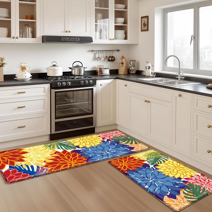 Arenarug Kitchen Mats for Floor 2PCS Cushioned Anti Fatigue Kitchen Mats Waterproof Non Slip Kitchen Mat Rug Set Comfort Foam Standing Mat for Sink, Laundry, Office,17.3" x 28" + 17.3" x 59", Colorful