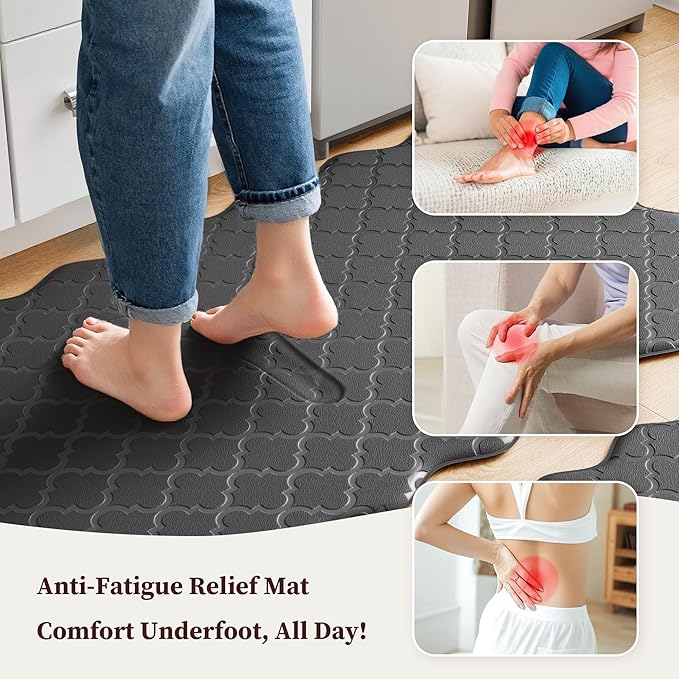 Arenarug Upgrade Scalloped Embossed Kitchen Mats for Floor 2PCS Cushioned Anti Fatigue Waterproof Foam Kitchen Rugs Non Slip Washable Comfort Standing Mat for Sink Laundry, 24"x39"+24"x59", Black