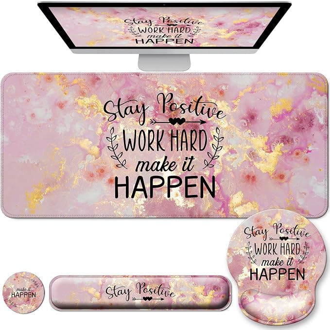 Desk Mat Set + Keyboard and Mouse Pad with Wrist Rest Support,4-in-1 Large Mousepad Computer Mats for Desktop Home & Office-Pink Positive