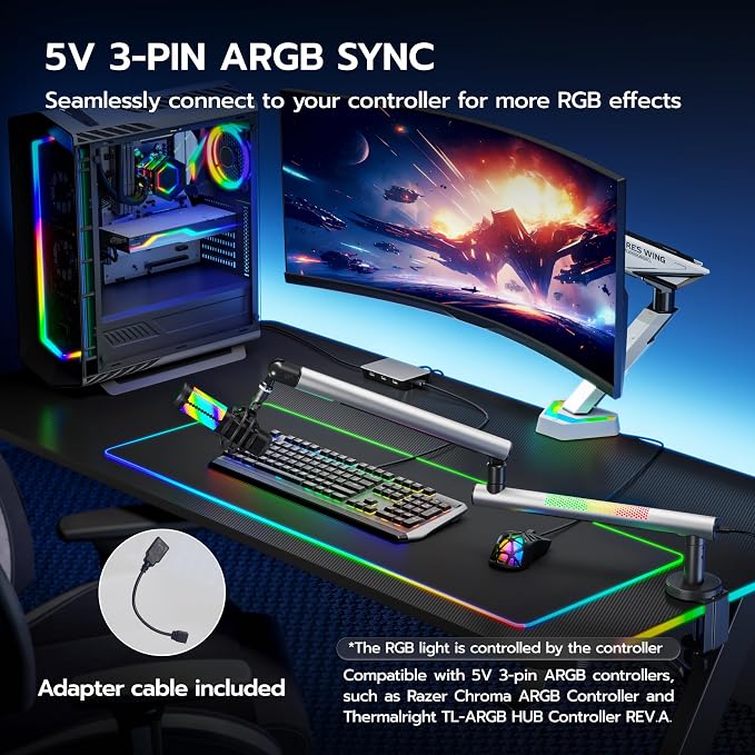 ARES WING Aluminum Low Profile Mic Arm with RGB Light, Adjustable Microphone Boom Arm with 4.4 lbs Load Capacity, 3/8” to 5/8” Screw Adapter, Desk Mount Mic Stand for Gaming Streaming Podcasting