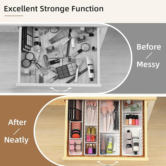 4 PCS Desk Drawer Organizer Tray, Office Drawer Organizer Bins | 8 pcs Dividers Adjustable, 16 pcs Non-Slip Silicone Pads, Makeup Vanity Organizer for Drawer, Plastic, White