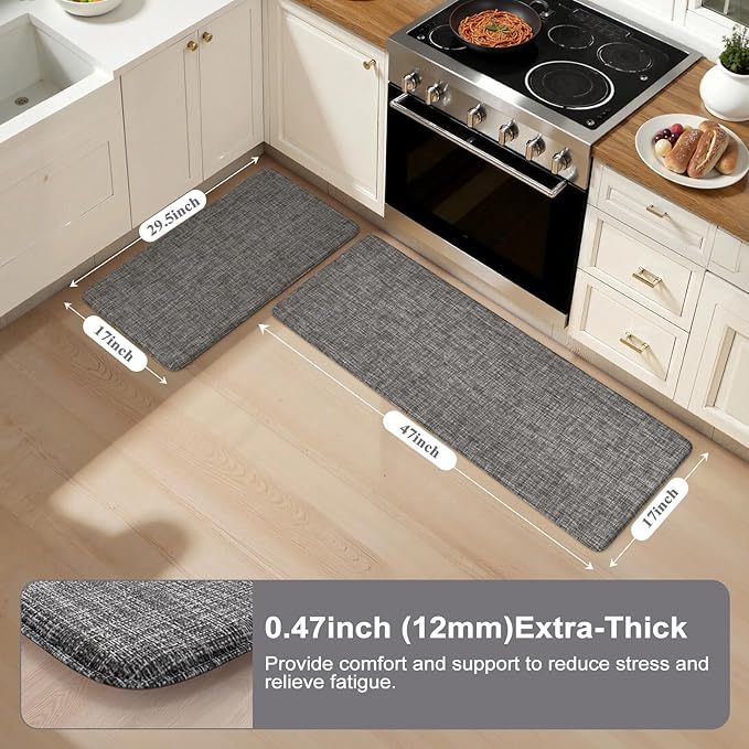 Collive Kitchen Mats for Floor 2PCS, Cushioned Anti Fatigue Mat Waterproof Kitchens Sink Rug Non Slip, Modern Comfort Standing Mat for Desk, Bar, Home Decor, 17"x47"+17"x29", Dark Grey