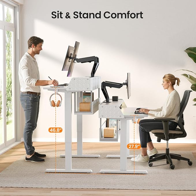 ErGear Electric Standing Desk, 48x24 Inch Adjustable Sit Stand Desk with Bookshelf & Monitor Stand, Standing Gaming Desk with LED Light Strip, Stand Up Desk for Home Office, White | Raised Monitor Stand, 27.9–46.9 Inch Height Range, 4 Memory Presets, 1...