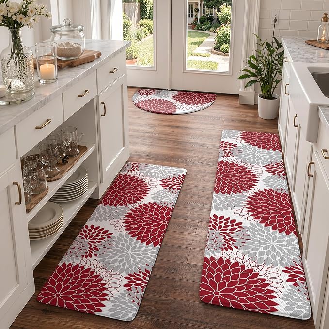 KIMODE Half Circle Anti Fatigue Mats for Kitchen Floor Rug Sets of 3 | 18"x28+18"x47"+18"x59",Red Dahlia Floral Boho,Half Round,3PCS,Non Slip,Waterproof,for Sink Office Laundry Bathroom Decor