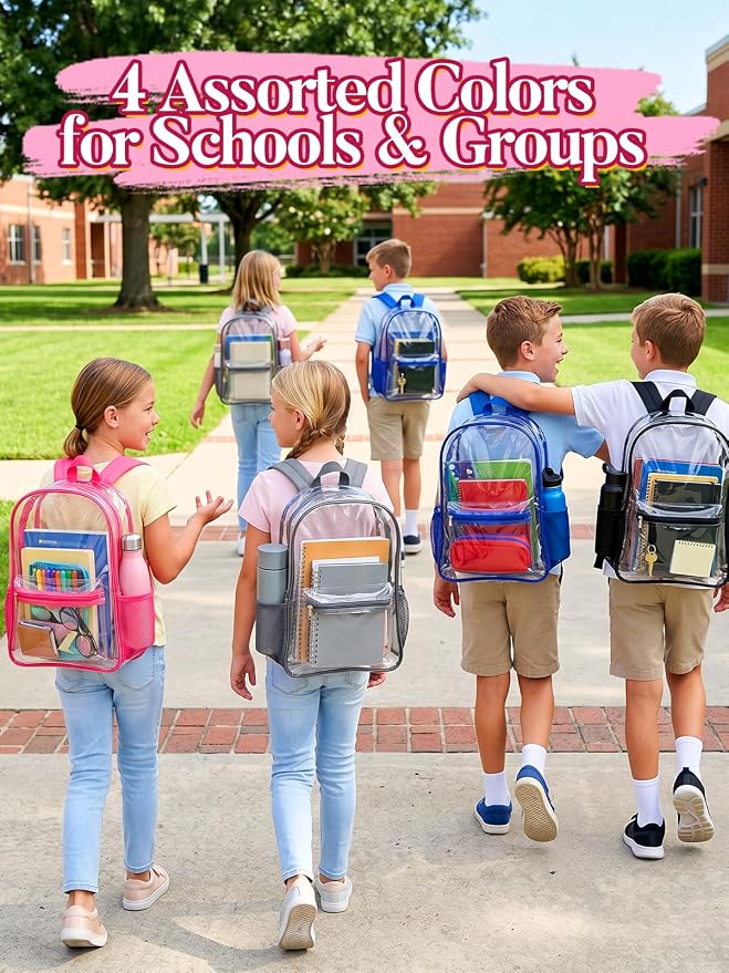 MADHOLLY 12 Pack Bulk Clear Backpack for School - 17" Large Transparent Bookbag for Kids/Girls/Boys/Charity/Stadium/Back to School Supplies, with Front and Side Bottle Pockets