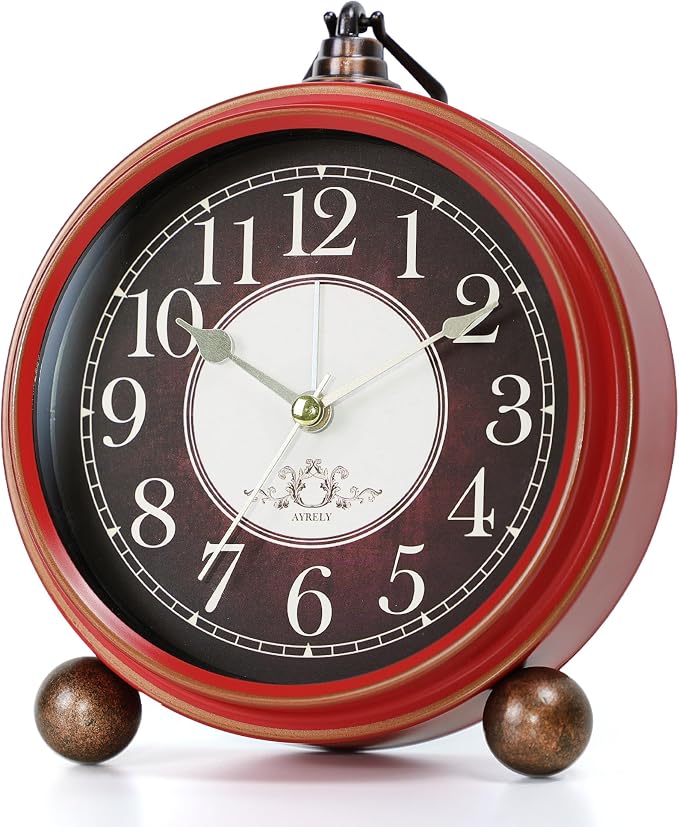 AYRELY® 5.3" Vintage Metal Analog Alarm Clock, Retro Desk and Table Clock | Antique Battery Operated Clock with Light, Elegant Bedside Gift for Bedrooms, Living Rooms, Shellf and Home Decor (Red-Black)