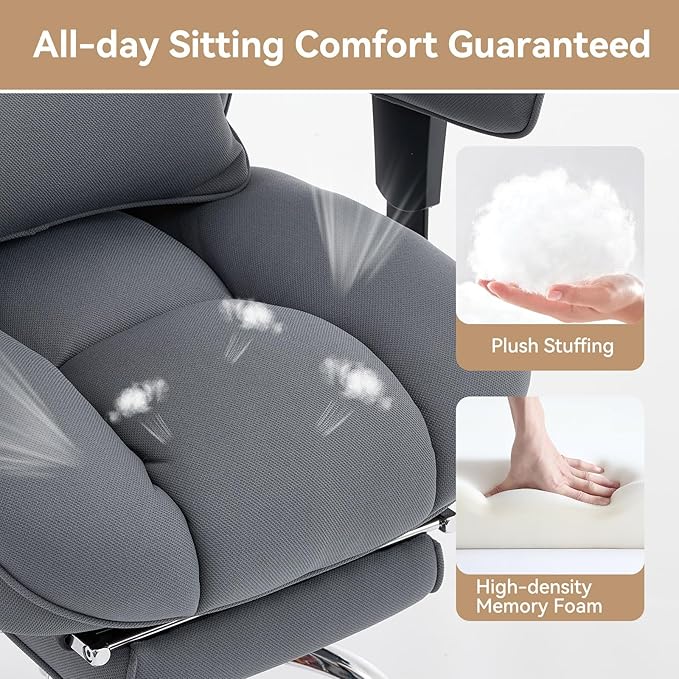 Efomao Big and Tall Office Chair with Footrest - Breathable Mesh Executive Chair, Heavy Duty Computer Desk Chair for Home Office, Ergonomic Lumbar Support & Reclining Mesh Gaming Chair, Bluegrey