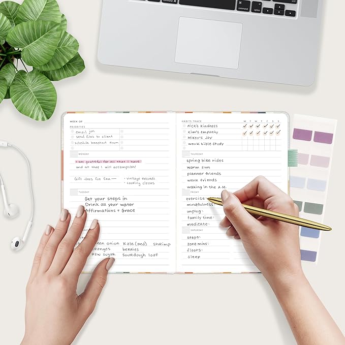 And Per Se Undated Planner, Weekly & Monthly Planner with Goal & Habit Tracker, A5 Leather Hardcover Productivity Journal for Academic Year (Colorful Stripes)
