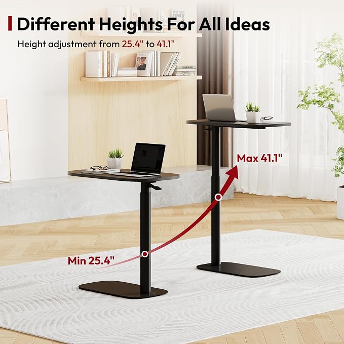 SANODESK 24''Standing Desk Pneumatic Height Adjustable Mobile Overbed Table | Desk Laptop Desk,Bedside Table,Computer Cart for Home Office Computer Workstations Small Spaces,23.6" W x 13.8" D,Black