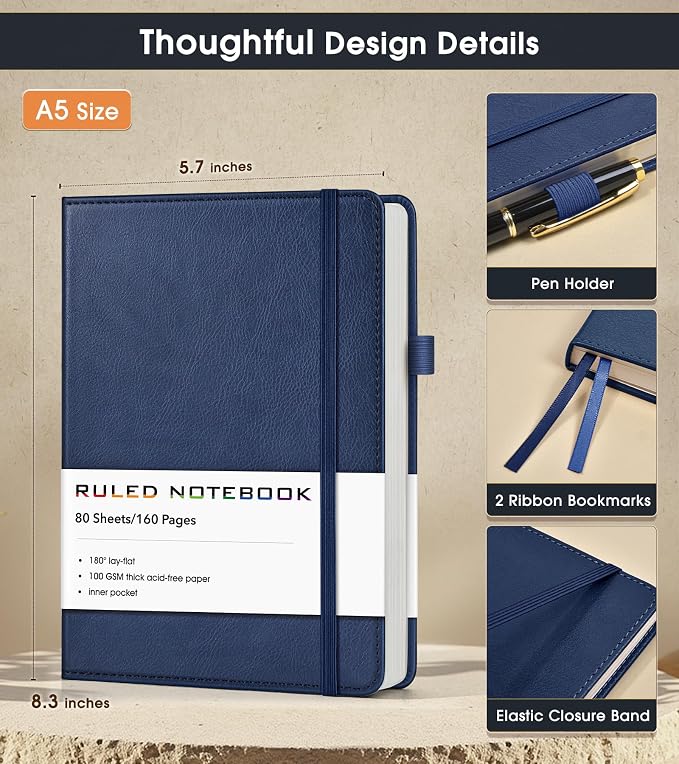 Lined Journal Notebook, A5 Hardcover Leather Journals for Writing, 160 Numbered Pages, 5.7'' x 8.3'' Journaling Notebooks for Men Women, Thick Paper College Ruled Journal for Work Office School, Navy