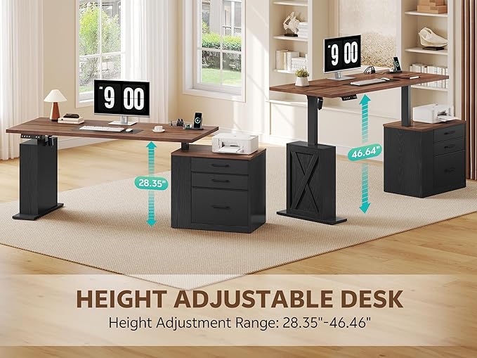 75.5'' Electric Standing Desk with Drawers, Farmhouse Height Adjustable Corner Desk, Sit Stand Office Desk with 4 AC Outlets & Type C Port, Executive Computer Desk, Brown & Black