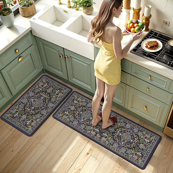 KIMODE Anti Fatigue Kitchen Mats for Floor 17"x47"+17"x29", Dark Blue Vibrant Floral Kitchen Rugs, Non Slip Waterproof Kitchen Floor Mats, Comfort Standing Mats for Laundry Office Sink Desk