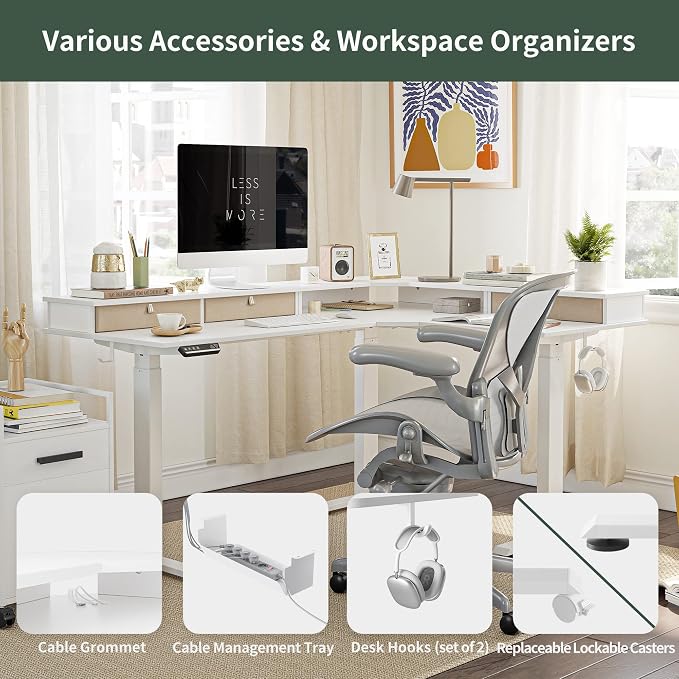 FEZIBO 63" Triple Motor L Shaped Standing Desk with 3 Drawers, 330LBS Electric Standing Gaming Office Desk L Shape, Pure White