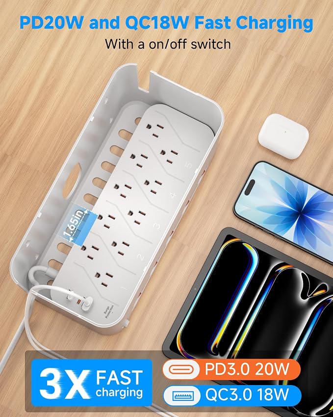 Power Strip with Cable Management Box, Large Cord Organizer Box,White | Power Strip Box with 10 Outlet and 3 USB Port,Individual Switches,6ft Flat Plug Extension Cord,Under-Desk Wire Storage Hider