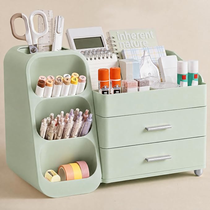 HBlife Desk Organizer with Pen Pencil Holder for Desk, Pen Organizer with 2 Drawers, Desk Organizers and Accessories with 4 Compartments, Desktop Storage for Office Home School Art Supplies, All Green