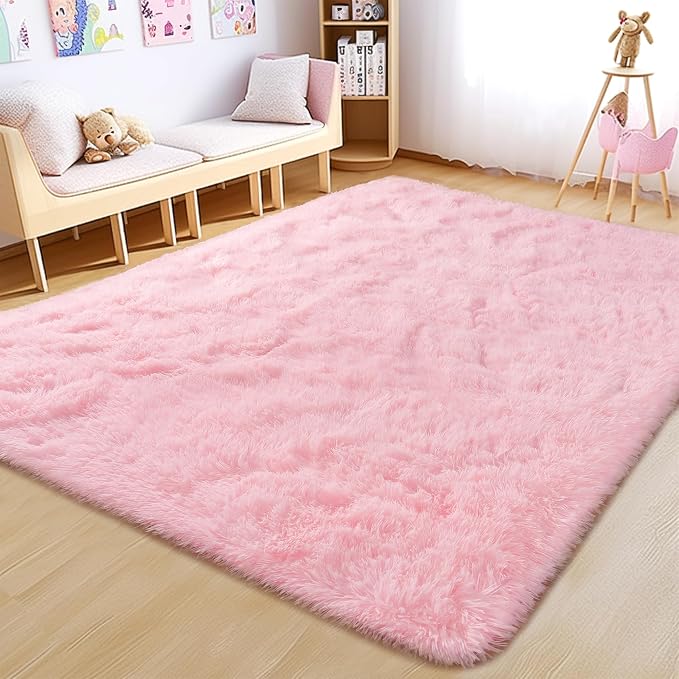 Awaytail 4x6 Fluffy Pink Area Rug - Soft Cute Shag Fuzzy Rug for Bedroom - Anti-Skid Living Room Girls Rug Pink Home Decor