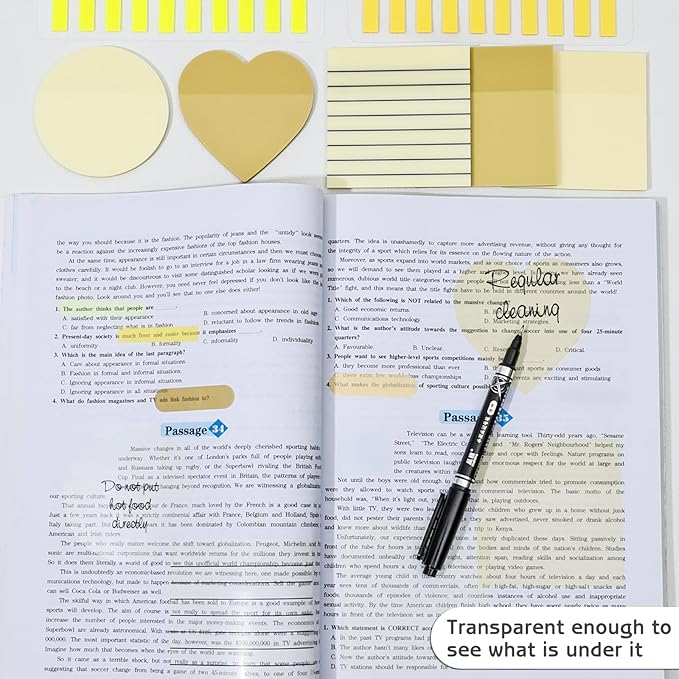 850 Sheets Transparent Sticky Notes, 3 x 3 Inch Clear Sticky Notes with Marker Pen for Bible, Waterproof Self-Adhesive Annotation Tabs, Gradient Color Note Pads for School Office (Yellow)