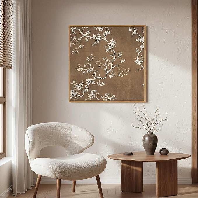 Framed Brown Botanical Square Wall Art for Room Decor, Vintage Floral Neutral Elegant Canvas Artwork for Walls, Retro Flower Blossom Painting Print for Living Room Bedroom Office Wall Decor, 24x24 In