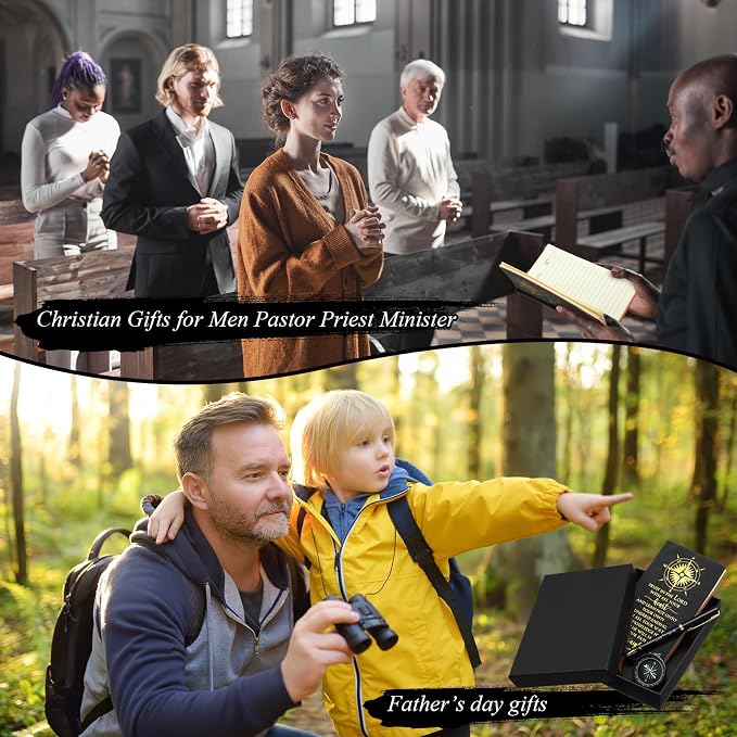 Fuyoooo 4 Pcs Baptism Gift Set for Men First Communion Gift Include Christian Journal Bible Notebook Engraved Compass and Religious Catholic Pen for Church Pastors