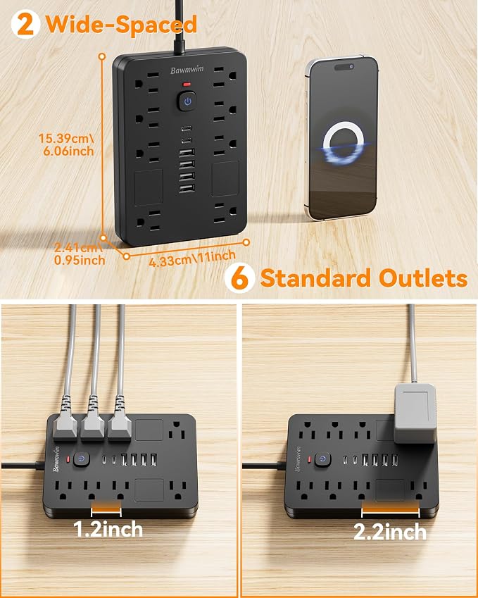 Surge Protector Power Strip - 11 Outlets(1850W/15A/14AWG) with 6 USB Ports(2 USB C), 6/14FT Flat Plug Extension Cord, Wall Mount, Black, ETL Listed for Home, Dorm Room