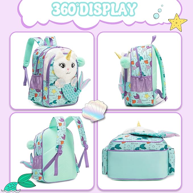 Meetbelify Cute Mermaid Kids Backpacks for Girls School Backpack with Lunch Bag Pencil Case for Elementary Student 3D Carton Plush Kids Travel School Bag for Girls Ages 6-8 Years Old