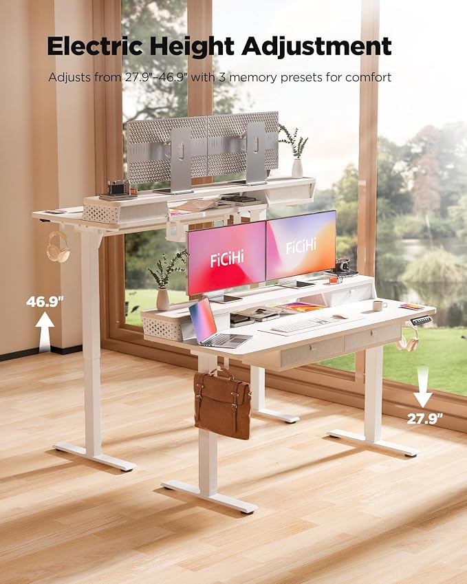 FiCiHi 55x24 Inch Electric Standing Desk, 4 Drawers, Adjustable Height Desk | Sit Stand Computer Desks, C-Clamp Compatible Home Office Desk with Monitor Stand, Cable Management, 3 Preset Heights