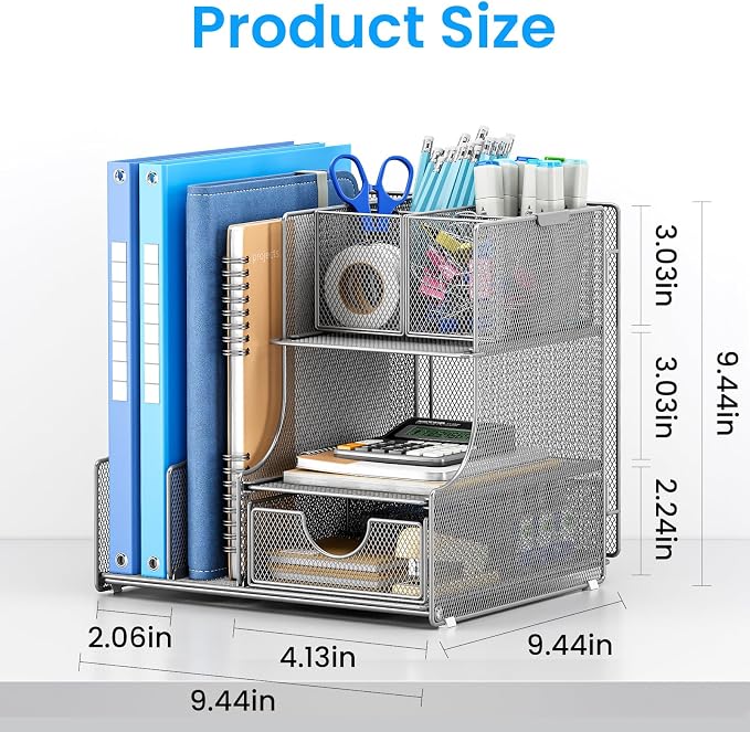 Lavatino Desk Organizer – 4-in-1 Silver Mesh Office Supplies Organizer with Pen Holder, File Holder, Desktop Tray, and Drawer for Home, Office, Classroom