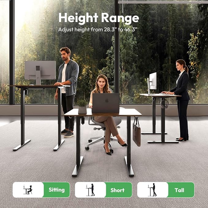 35 x 24 Inch Height Adjustable Standing Desk, 3 Presets, Brown | 35 x 24 in Desktop, 28.3–46.5 in Height, 2+3 Controls, ≤45 dB, 154 lb Capacity, 2 Hooks