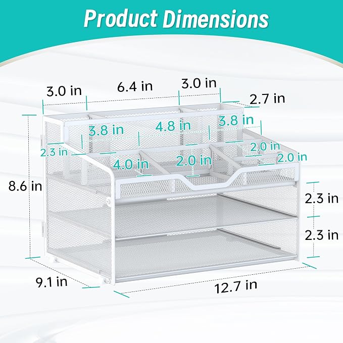 3 Tier Mesh Paper Desk Organizer with Pen Holders, White | Features 3 pen holders, and 5 adjustable compartments for office school home desk storage