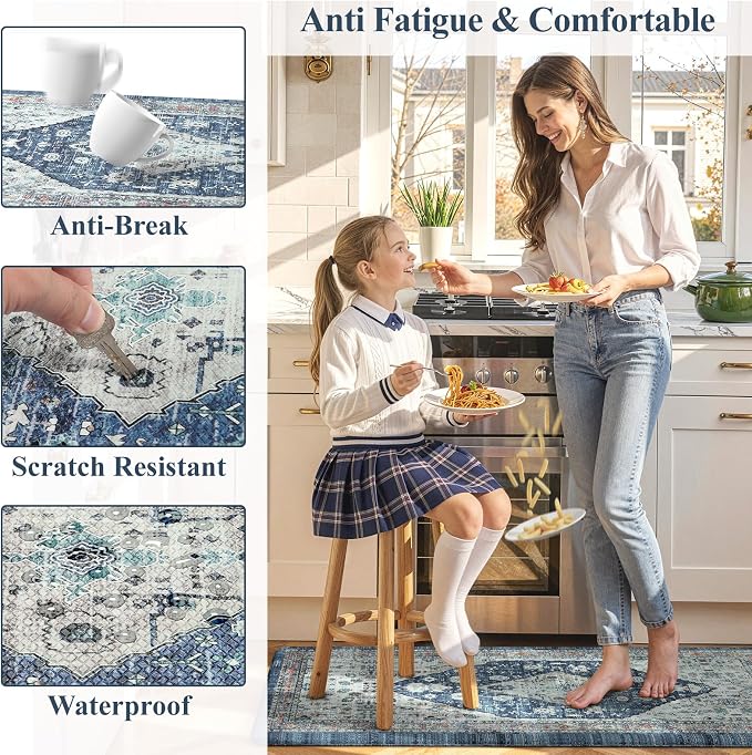 Collive Kitchen Mats for Floor, Boho Non Slip Kitchen Cushion Rug Kitchen Floor Mats Anti Fatigue for Office, Laundry, Sink, 17”x47”Dark Blue Non-Skid Waterproof Standing Desk Mat