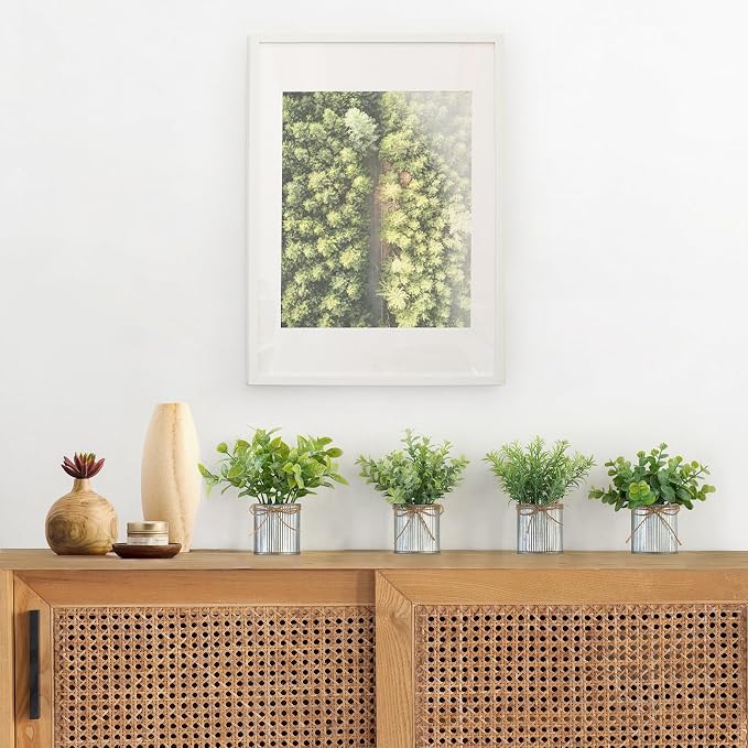 Mkono 4 Packs Small Fake Plants in Farmhouse Galvanized Pots Table Centerpiece Mini Potted Artificial Plants Faux Eucalyptus for Shelf Office Rustic Home Decor (Gray, Small-7.5" H)