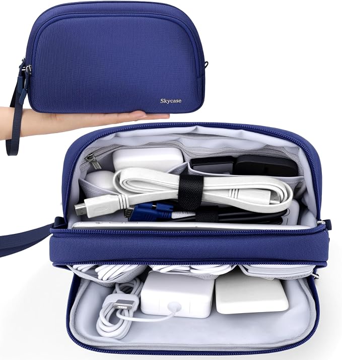 Skycase Travel Cable Organizer - Lightweight Water Resistant Dual-Layer Tech Pouch with Wrist Strap 11 Compartments Electronic Organizer Travel Case for Charger Cord Hard Drive,Large,Blue